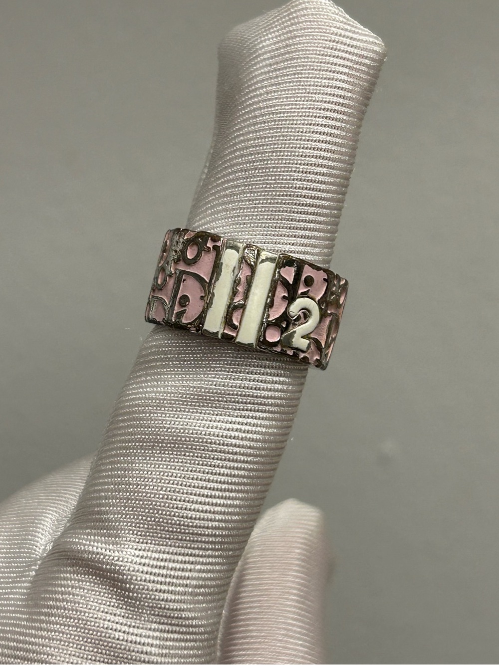 DIOR Vintage Christian Dior Oblique Pink Trotter No. 2 Silvertone Ring • Size 6 - Picture 5 of 10